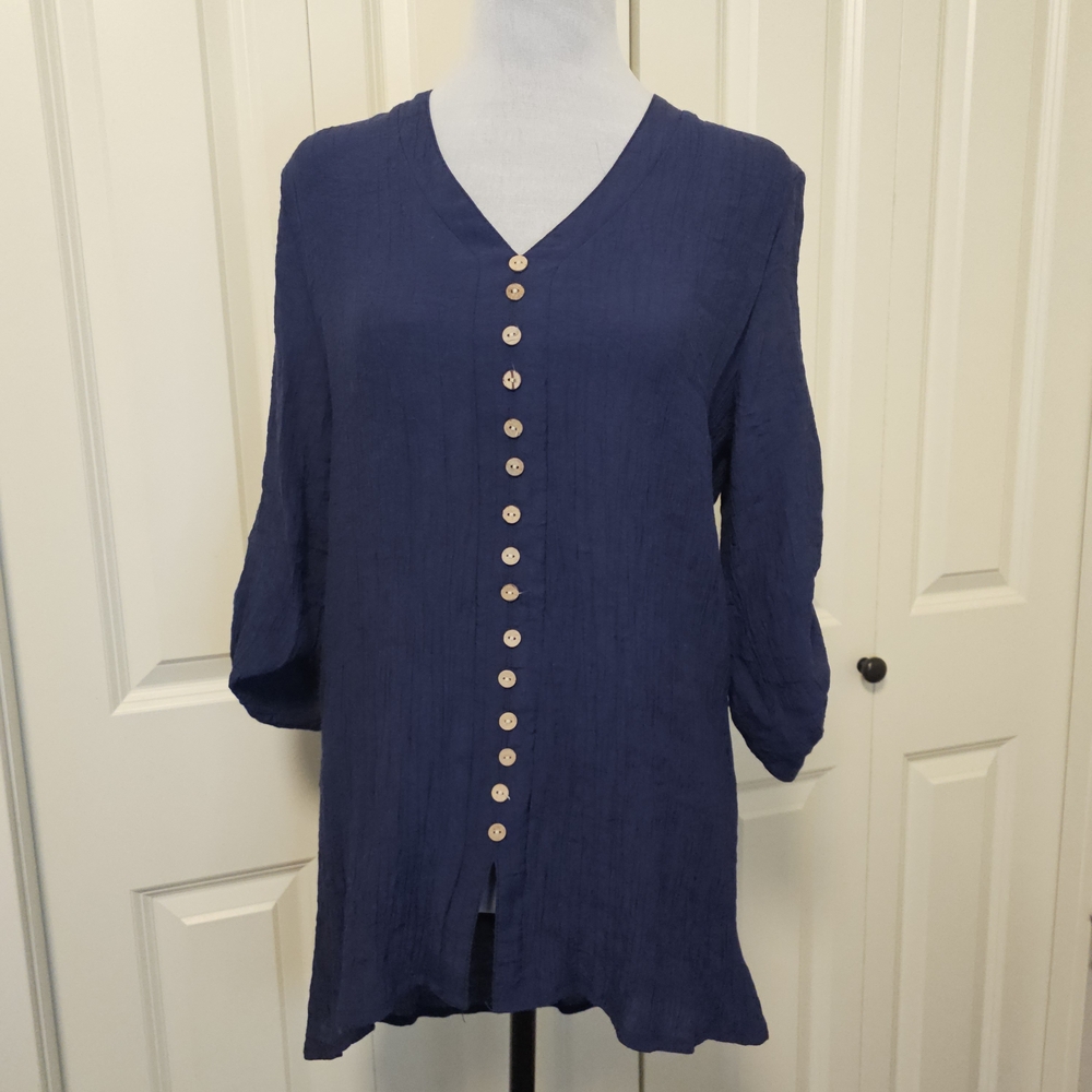Papillon Blanc Tunic Crinkled Navy Stretch Lined Travel Boho Sz L